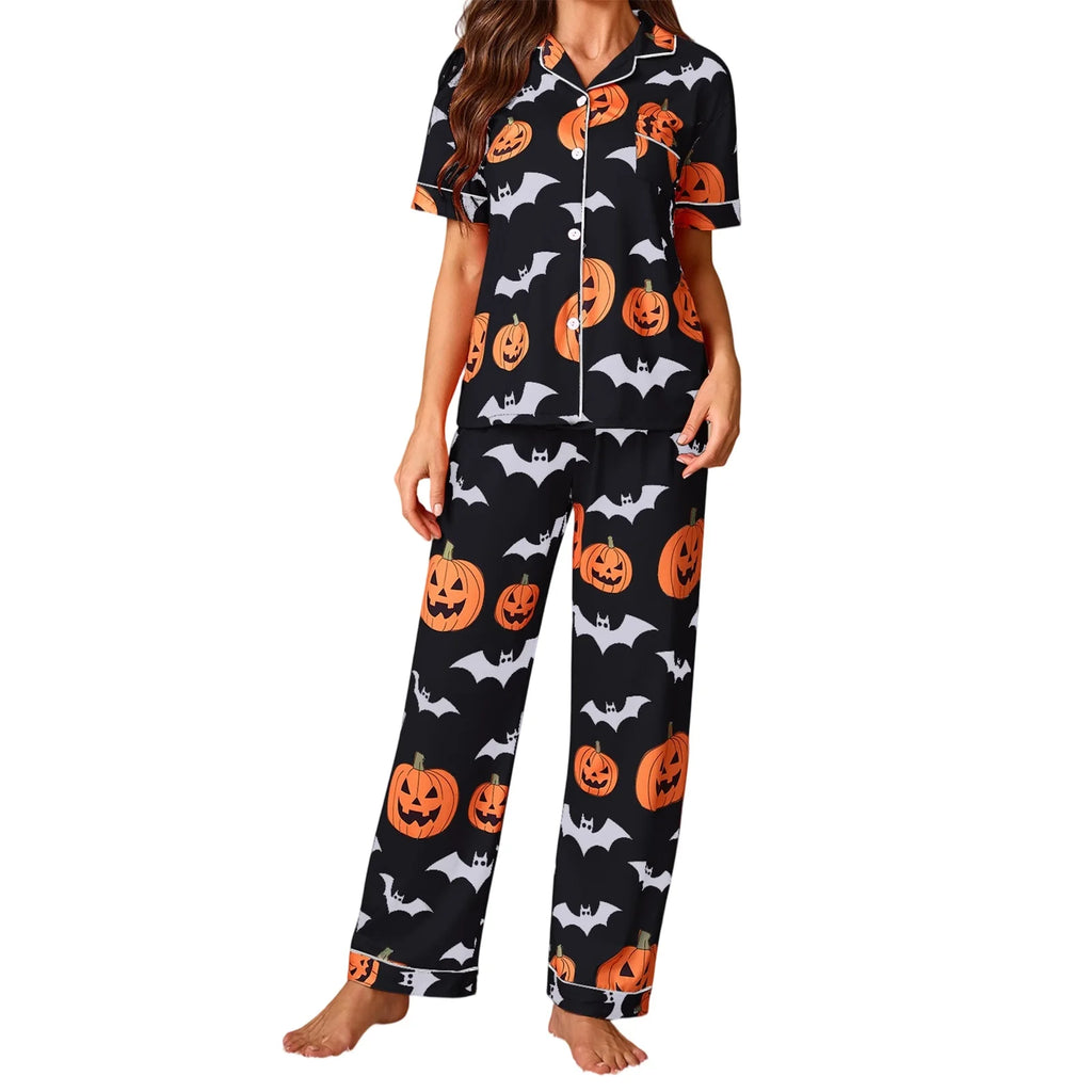 Women Halloween Pajama Set, Pumpkin Bat Print Short Sleeve Button Closure Shirt with Pants Sleepwear Loungewear