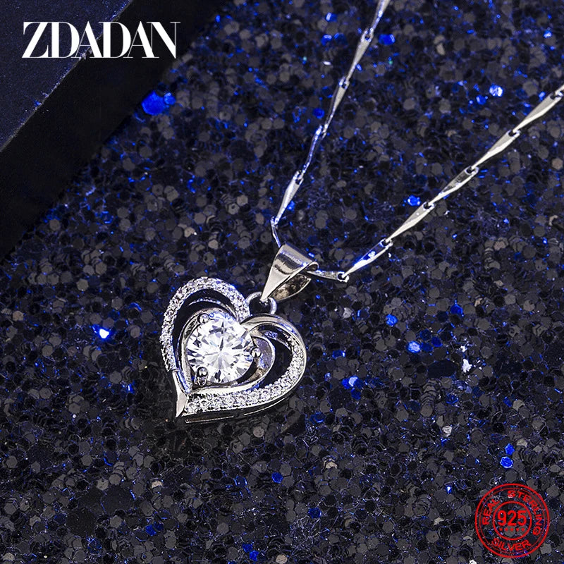 ZDADAN 925 Silver Double Heart Blue Zircon Necklace Chains For Women Wedding Jewelry