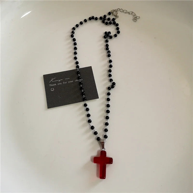 Punk Gothic Red Glass Cross Heart Pendant Pearl Necklace For Women Men Hip Hop Y2K 90s Short Choker Charms Jewelry Accessories