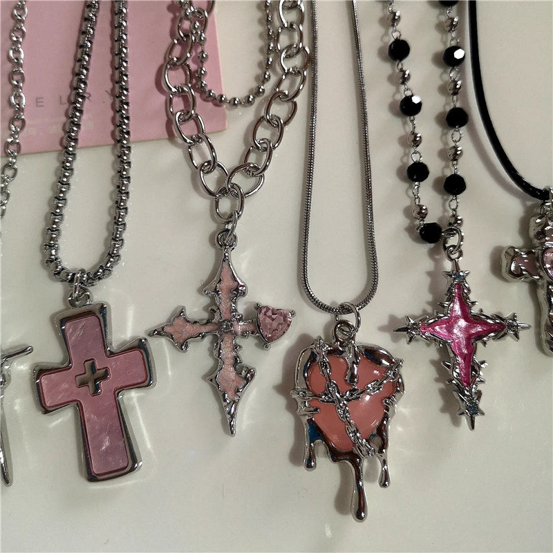 Gothic Y2K Pink Cross Heart Pendant Chain Choker Necklace For Women Egirl Hip Hop Punk Charms Aesthetic Jewelry EMO Accessories