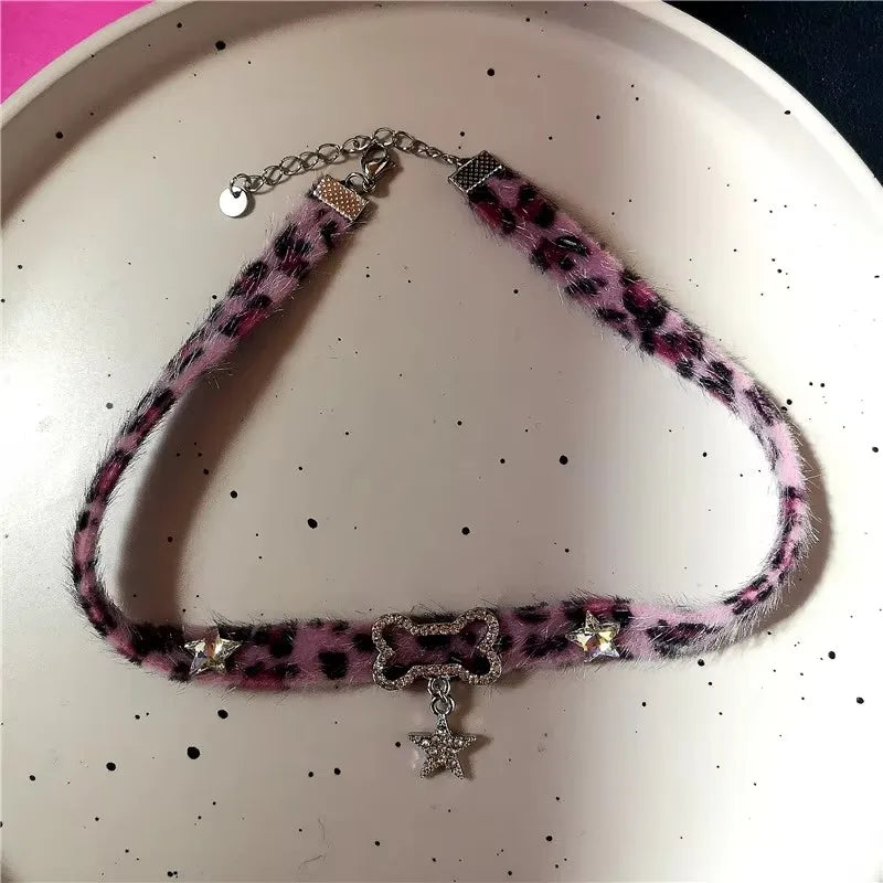 Y2K Cat Claw Star Heart Pendant Plush Leopard Bone Choker Charms Necklaces For Women Goth Aesthetic Accessories Grunge Jewelry
