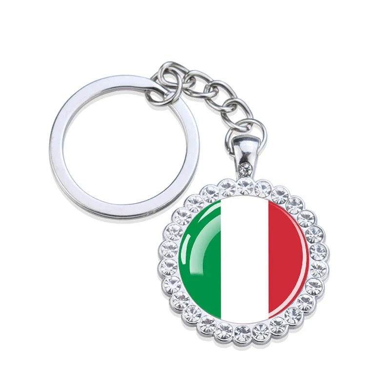 Europe National Flag Keychains Glass Dome Rhinestone Pendant Key Chains Albania Spain Ukraine Russia France Germany Flag Keyring