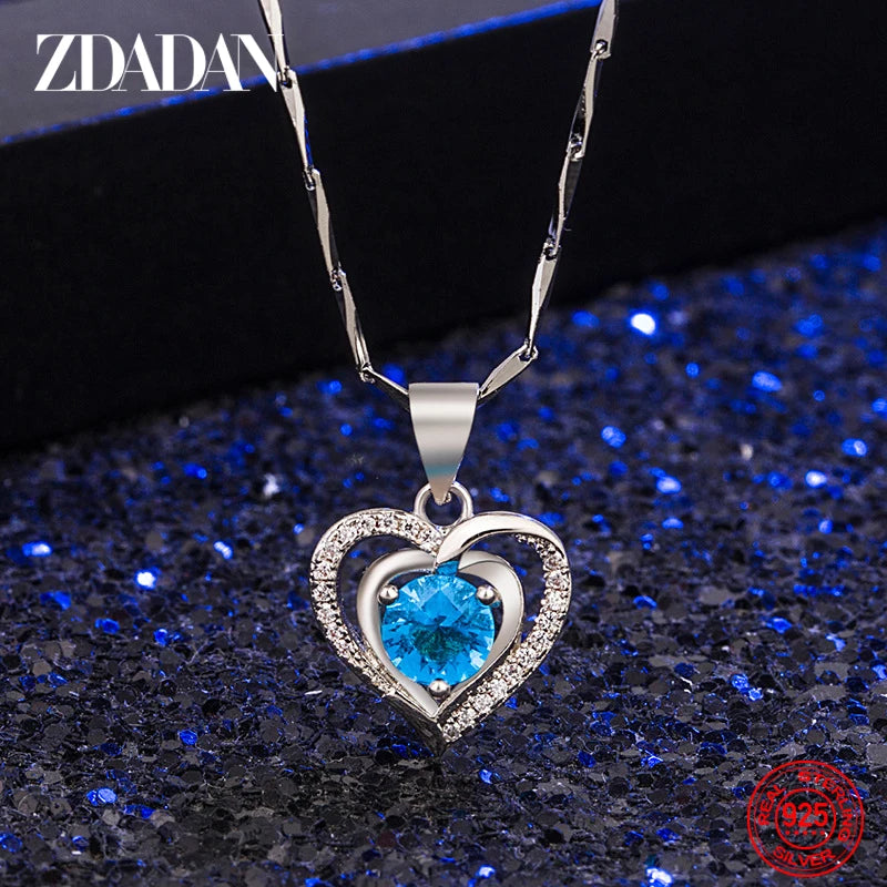 ZDADAN 925 Silver Double Heart Blue Zircon Necklace Chains For Women Wedding Jewelry