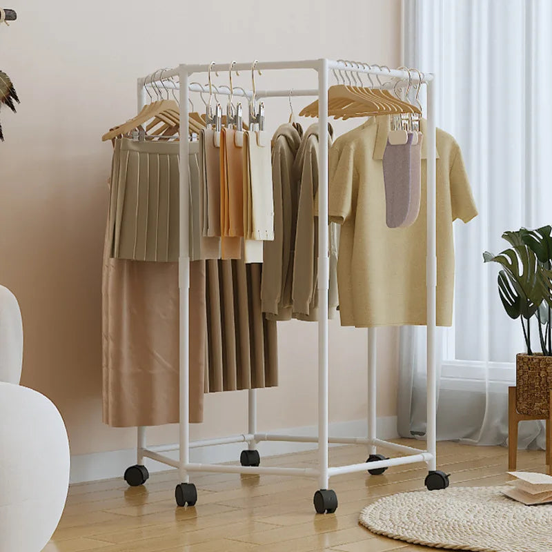 Hexagonal Rotating Clothes Rack on Wheels - Sturdy 16mm Metal Tube Freestanding, Space Saving Vertical Hanger for Dresses