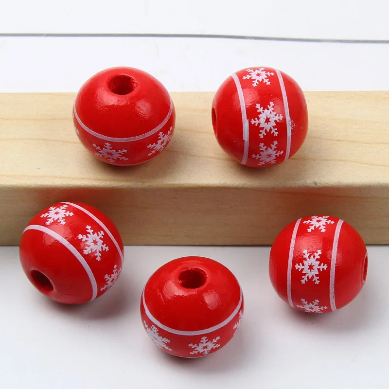 Round Balls Red Green Wooden Beads 15mm Cartoon Tree Letter Pattern Halloween Christmas Beads For Jewelry Making DIY Accessories