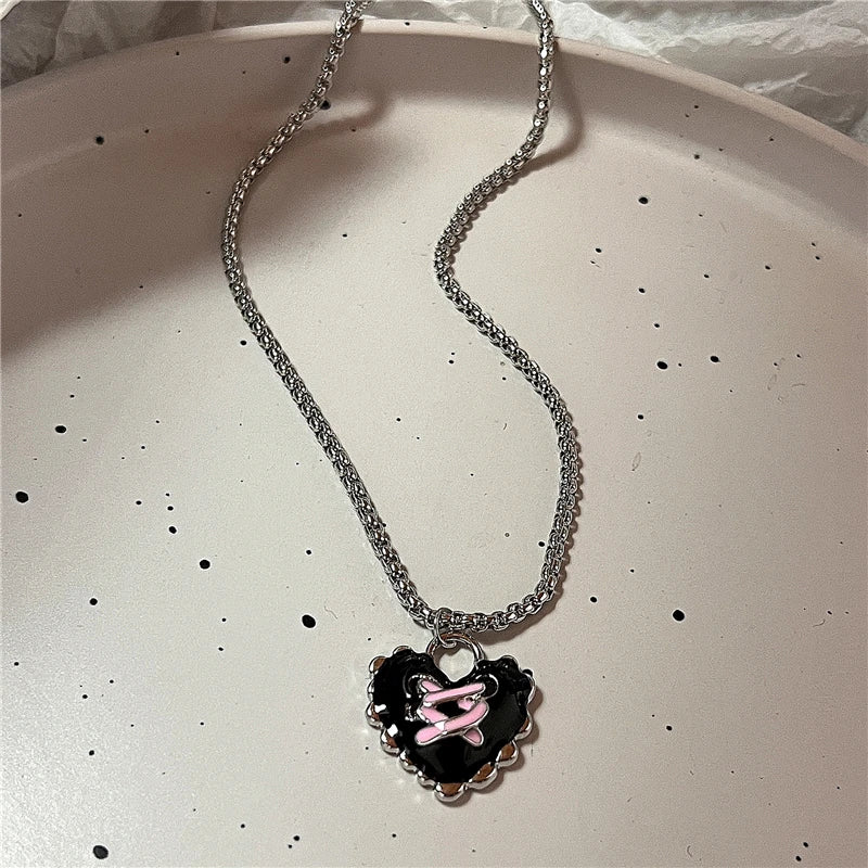 Kpop Gothic Punk Pink Cross Heart Bowknot Pendant Chain Necklace Women Charm Vintage Aesthetic Y2k EMO 2000s Jewelry Accessories