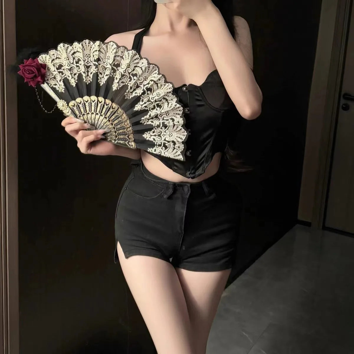 Female Lace Hand Fan Lolita Gothic Fan Victorian Vintage Black White Red Rose Bamboo Fans Cosplay Halloween Party Photo Prop