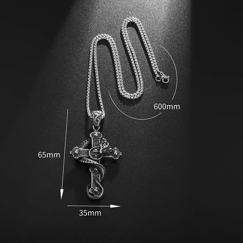 Vintage Punk Dragon Wrap Cross Pendant Necklace for Men Personality Domineering Daily Ride Wear Jewelry Gift