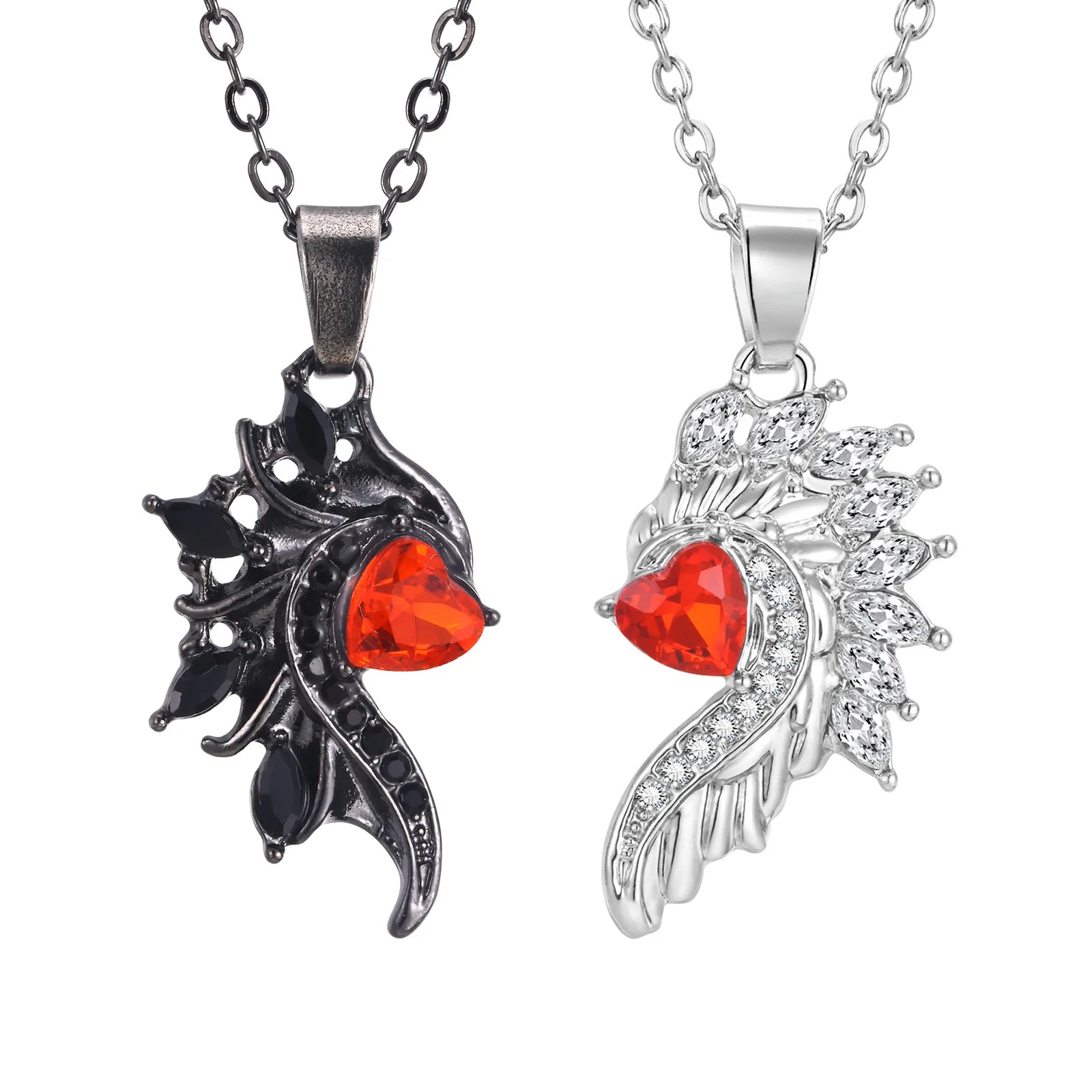 Mprainbow Angel Devil Wings Couple Pendant with Red Heart Stone,Black and White Simple Valentine's Day Gift Necklace Set