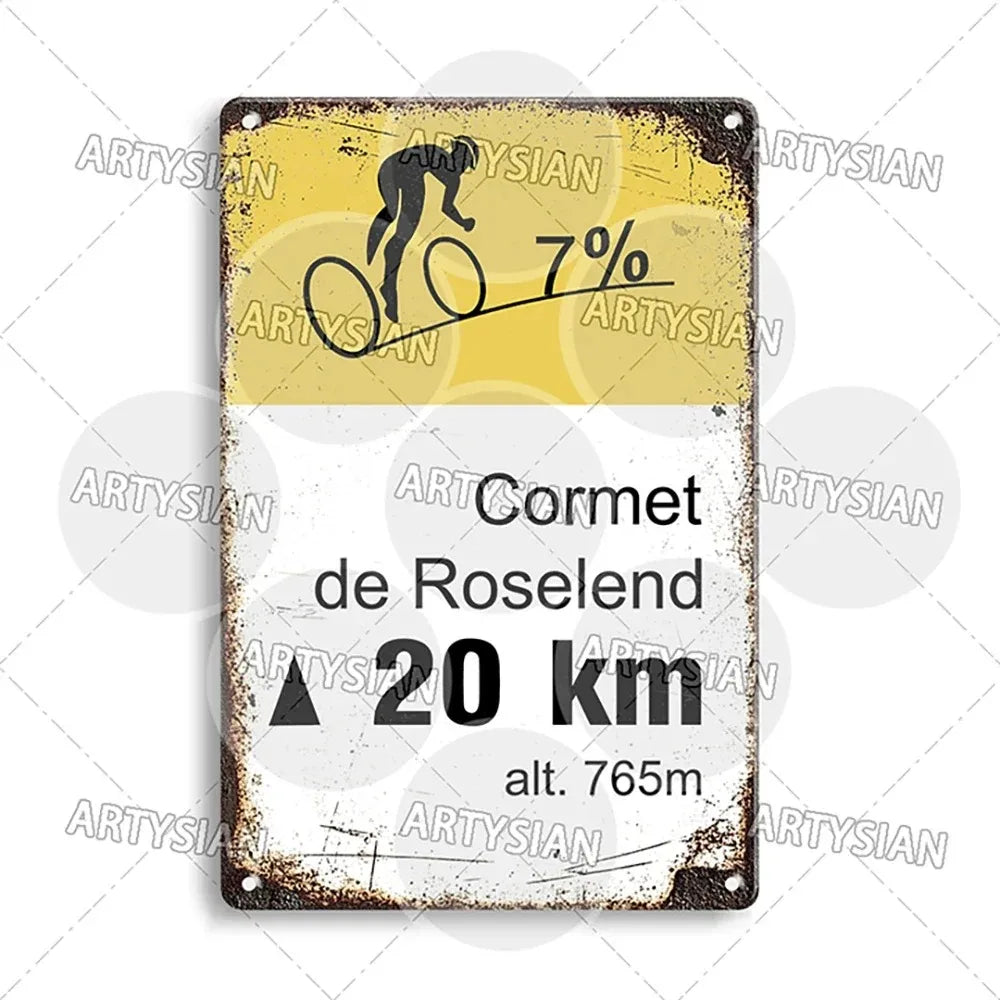 Tour de France Metal Sign Cycling Plaque Paves Du Paris Roubaix Col du Galibier Col de Sarenne Alpe d'Huez Mont Ventoux Glandon