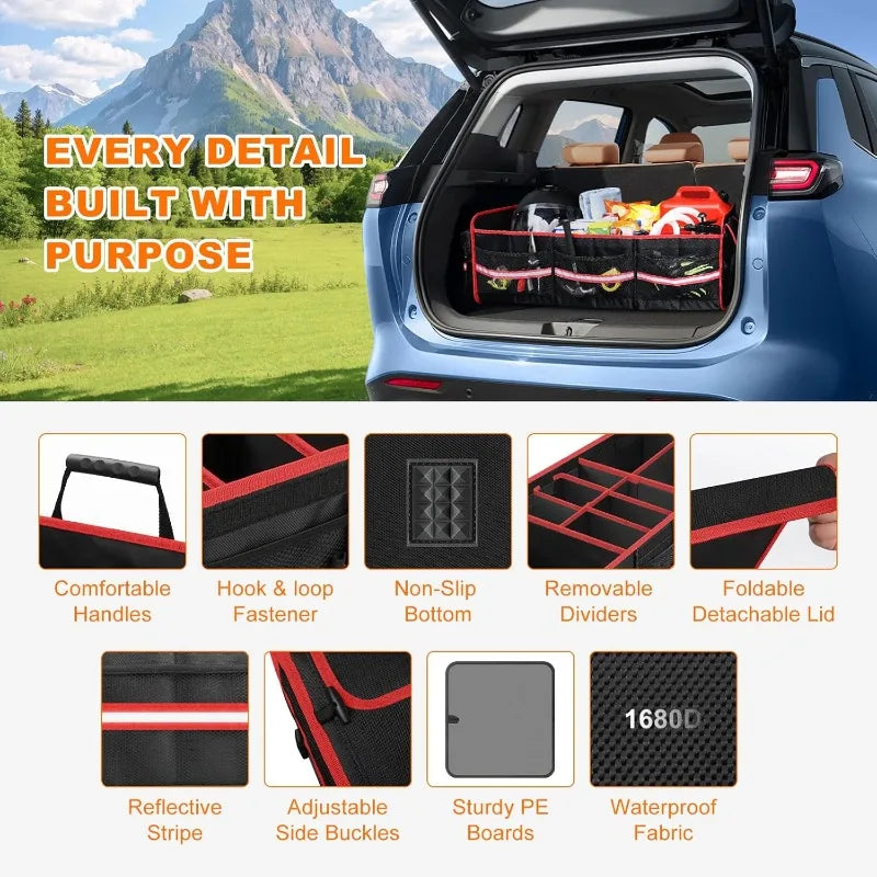 95L Car Trunk Organizer, Collapsible Trunk Storage Organizer with Removable Lid - Multi Compartment Waterproof Storage Organizer