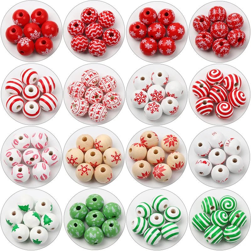 Round Balls Red Green Wooden Beads 15mm Cartoon Tree Letter Pattern Halloween Christmas Beads For Jewelry Making DIY Accessories