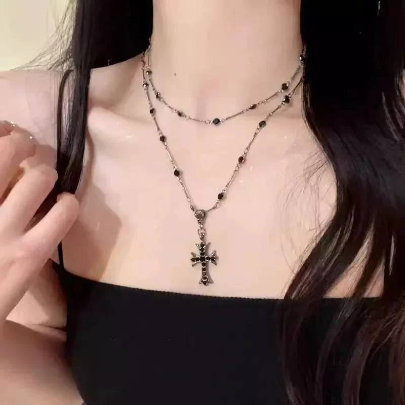 Summer Black Rhinestone Cross Jesus Pendant Choker Necklace for Women Punk Vintage Double Layers Chain 2025 Neck Boho Jewelry