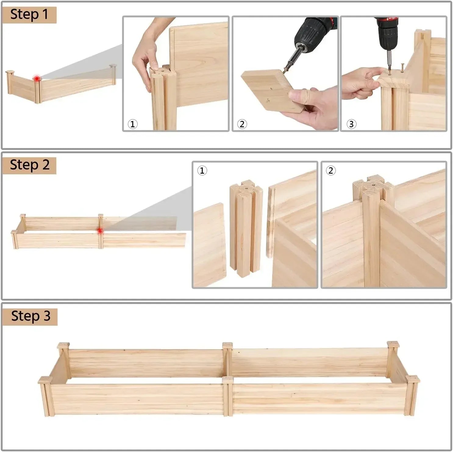 Customizable-8×2ft Wooden Horticulture Raised Garden Bed Divisible Elevated Planting Planter Box For Flowers/Vegetables/Herbs In