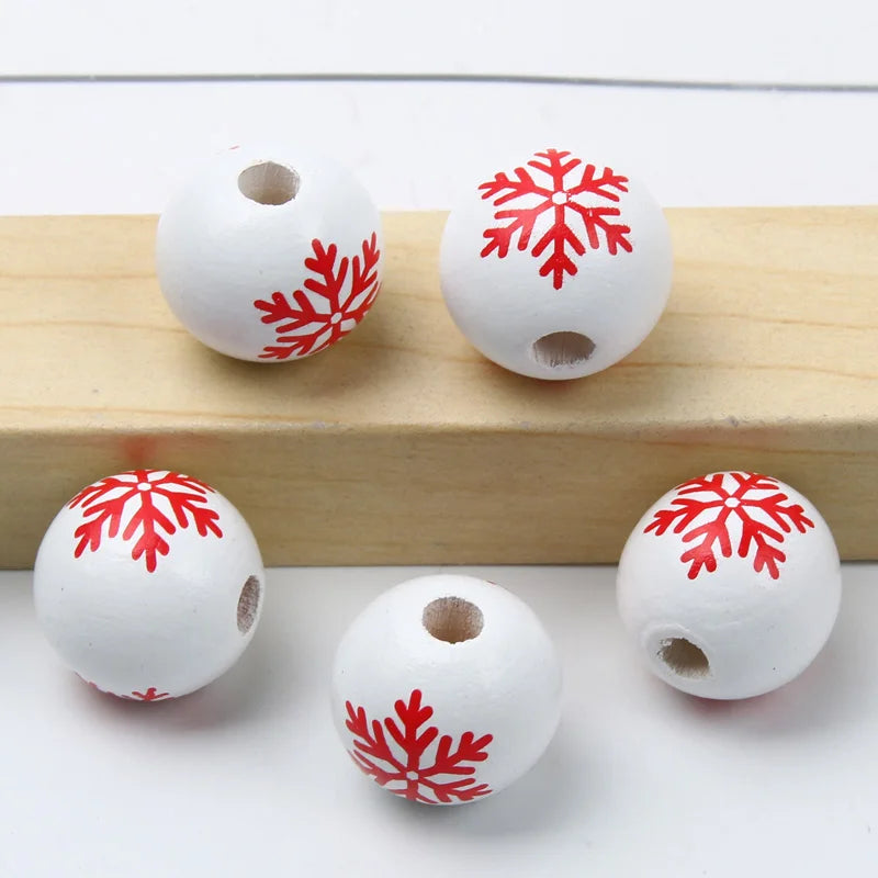 Round Balls Red Green Wooden Beads 15mm Cartoon Tree Letter Pattern Halloween Christmas Beads For Jewelry Making DIY Accessories
