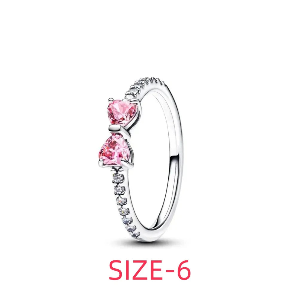 New 925 silver pink bow heart-shaped pendant ring necklace earrings crystal women's Valentine's Day birthday gift DIY jewelry