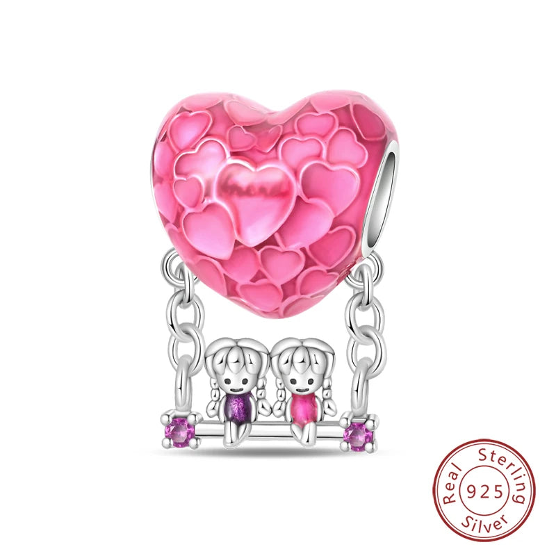 Real 925 Sterling Silver Pink Series Heart Charms Beads Fit Qikaola 925 Original Bracelets DIY Mother's Day Jewelry Gift For Mom