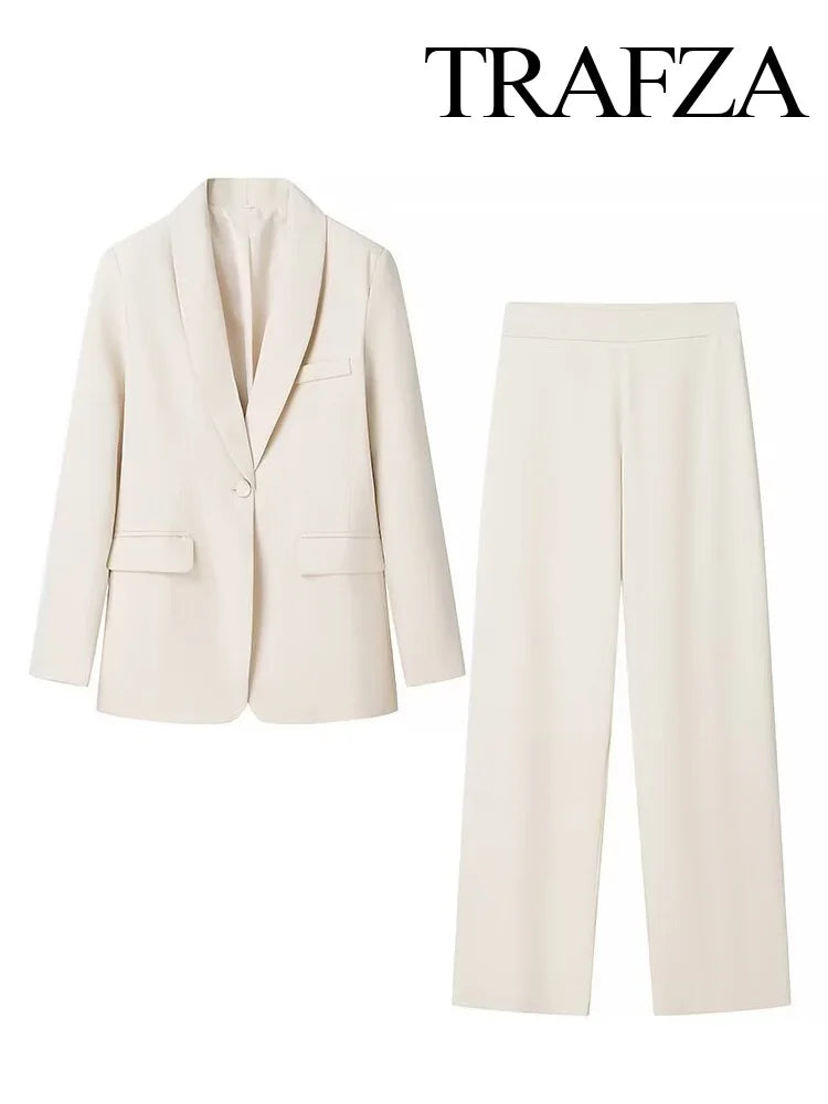 HH Autumn Women Fashion One Button Long Sleeves Pocket Decoration Lapel Blazers+High Waist Side Zipper Solid 2 Piece Set