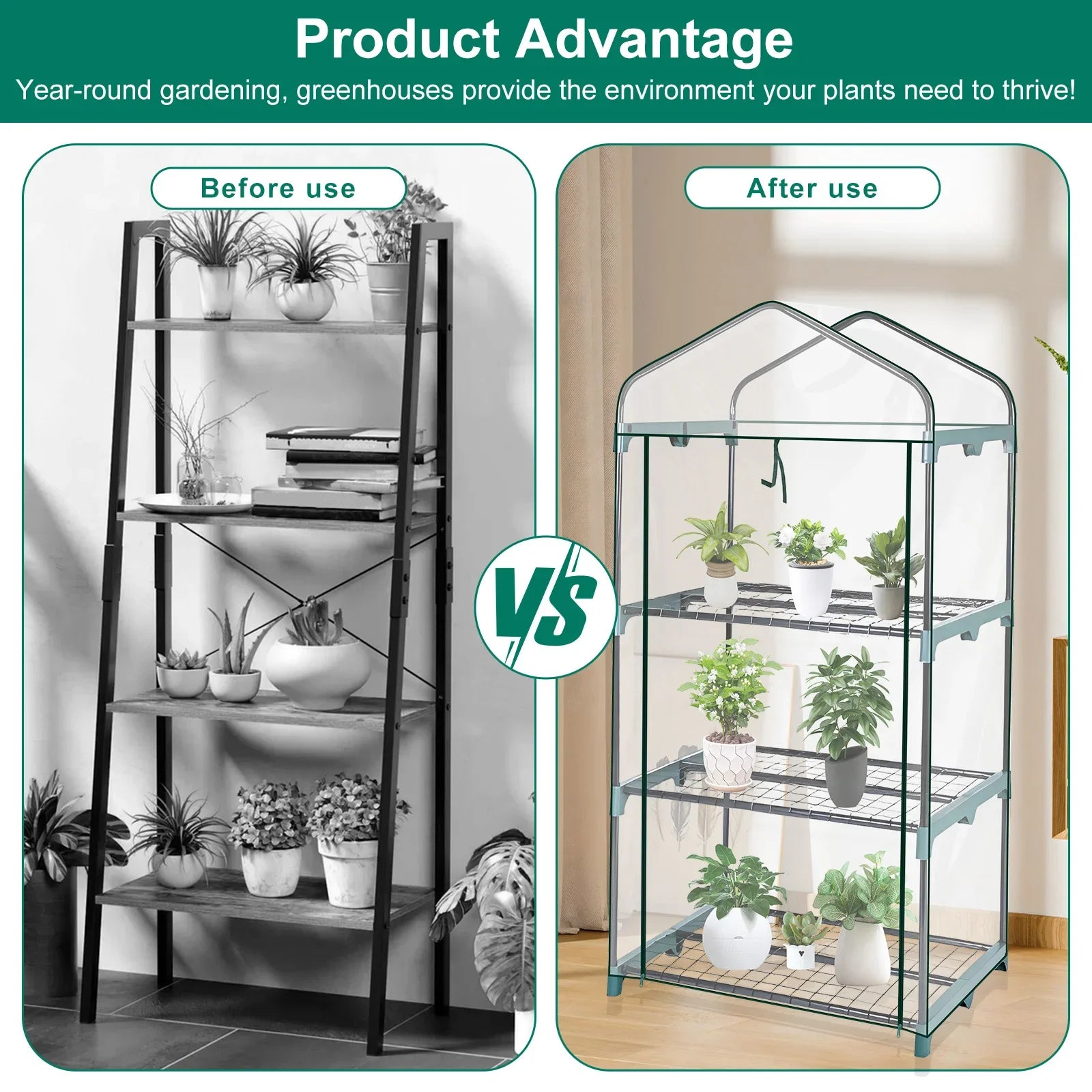 Garden Greenhouse 4 Tier Walk-in Green House Transparent Cover with Doors & Windows Small Waterproof Frost Without Iron Frame
