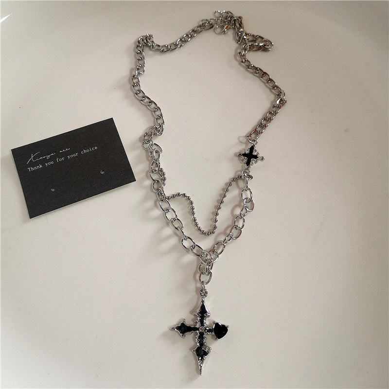 Gothic Trendy Y2K Black Cross Love Heart Pendant Rope Chain Necklace For Women Men Fashion Hip Hop Rave Gift Jewelry Accessories