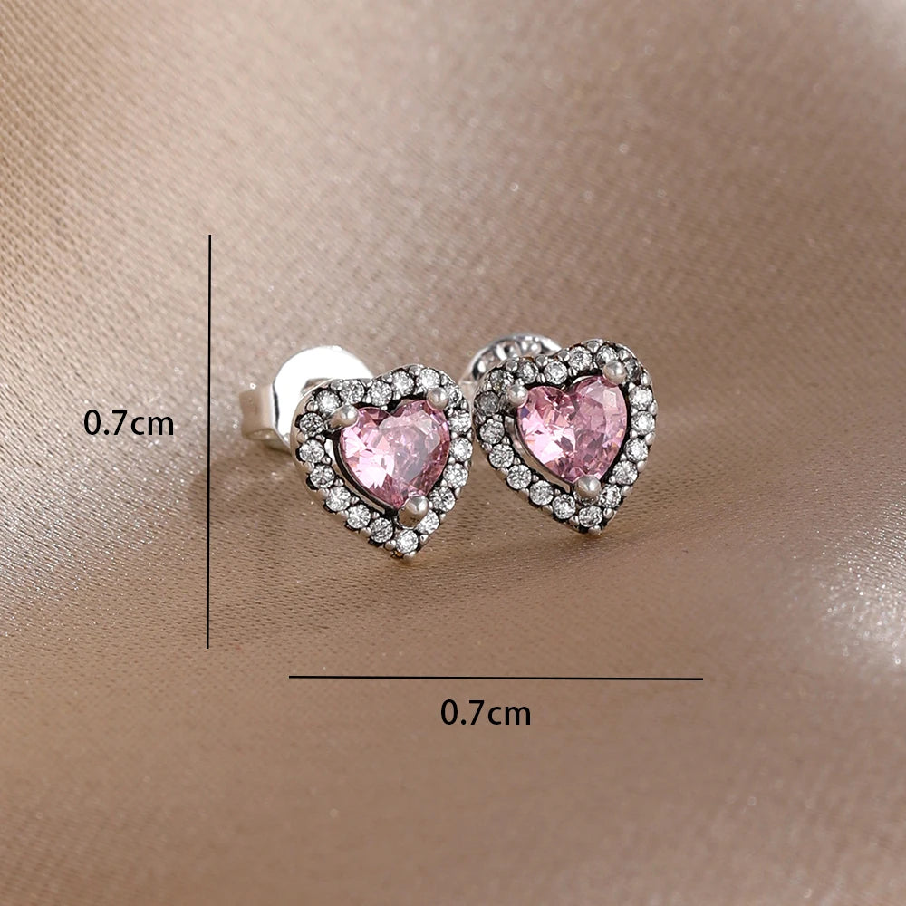 2025 New 925  silver earrings with sparkling red heart and pink bow earrings that fit original women's jewelry DIY birthday gift