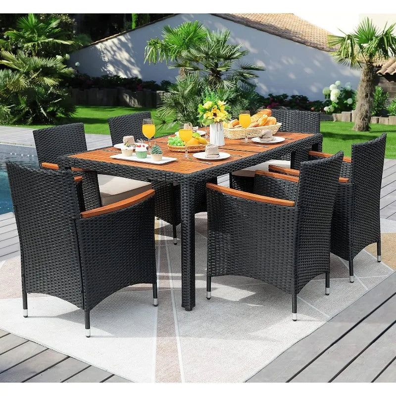 7 PCS Outdoor Patio Dining Set, Outdoor Patio Furniture Set, Rattan Chairs With Large Wood Table For Garden And Yard