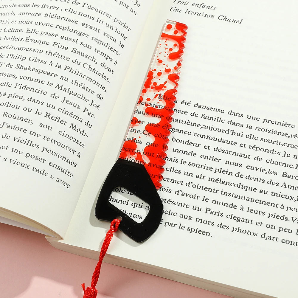 1Pcs Horror Knife Clear Acrylic Bookmark with Tassel, Halloween Themed Series Chopper Saw with Blood, Halloween for Bookworms
