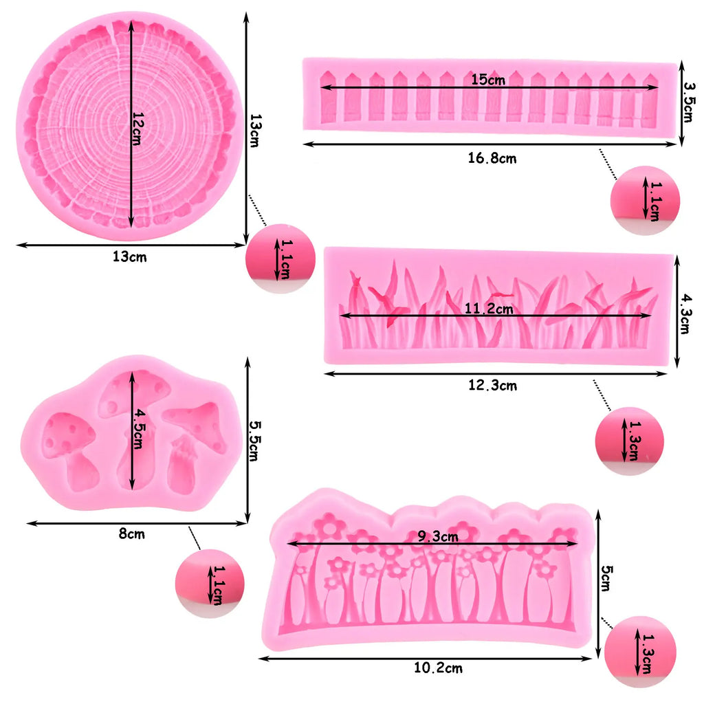 3D Tree Stump Fondant Mold Garden Picket Fence Silicone Molds Grass Flower Mushroom Chocolate Candy Mold Cake Decorating Tools