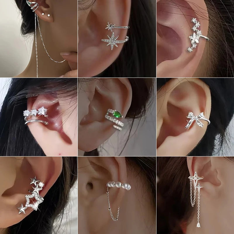 Korean Exquisite Zircon Star Ear Clip for Women Without Piercing Long Tassel Sweet Ear Cuff Clip Earrings Wedding Jewelry Gift