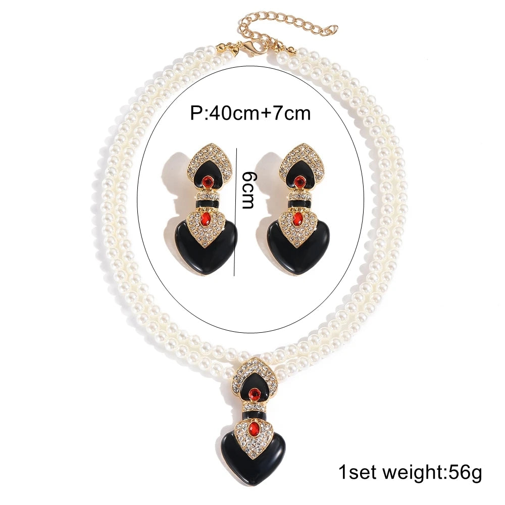 Bride Wedding Jewelry Set Elegant Enamel Rhinestone Love Imitation Pearl Beaded Necklace and Earrings Women's Party Accessories