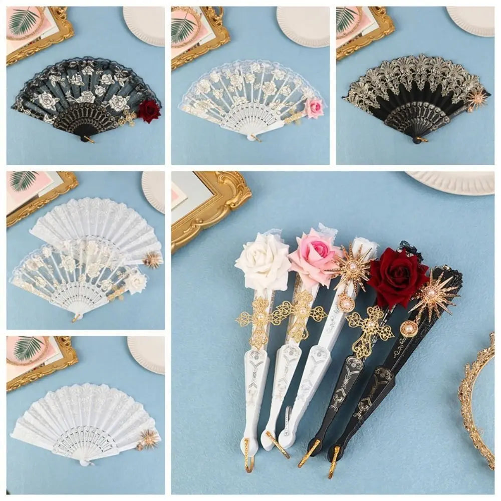 Gothic Court Lolita Lace Fan Dance Hand Fan Lace Rose Folding Fan Props for Photography