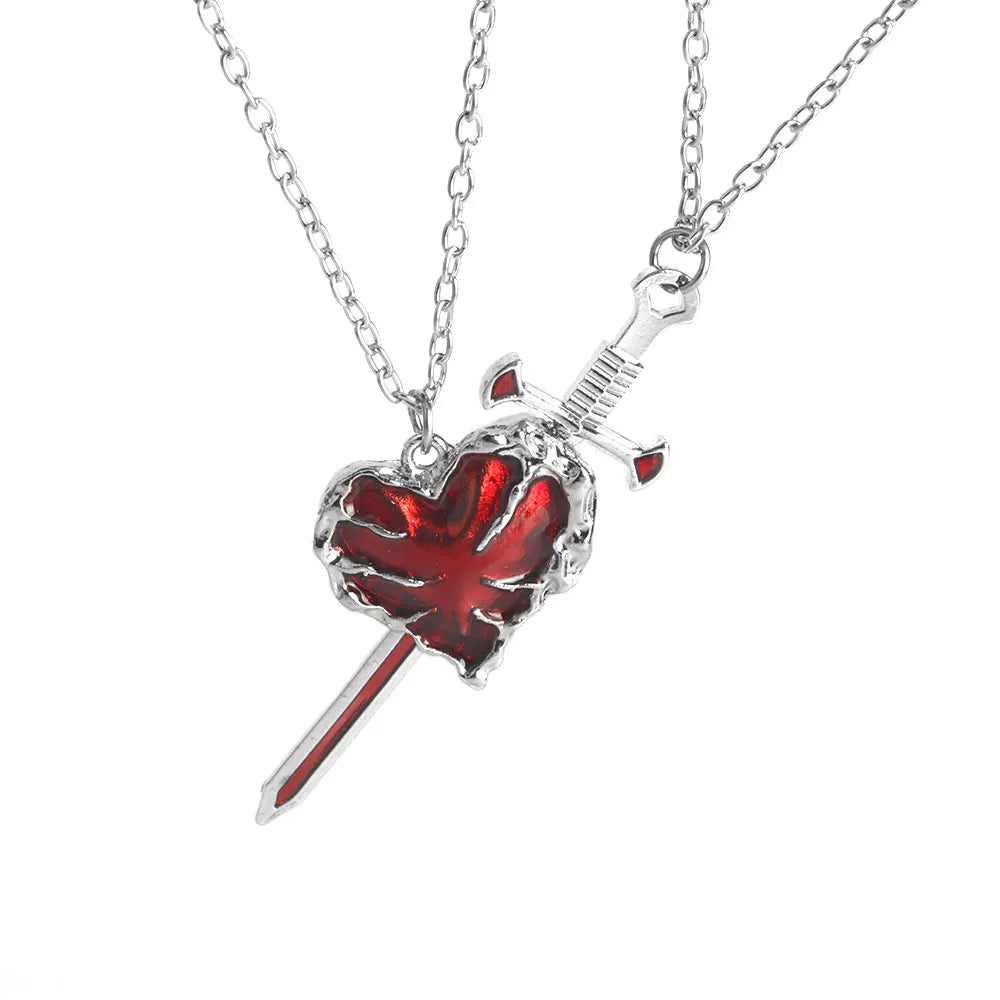 A Set Red Heart and Sword Couple Necklace Collarbone Chain Sword Necklace Fashion Accessories for Women Christmas Gift