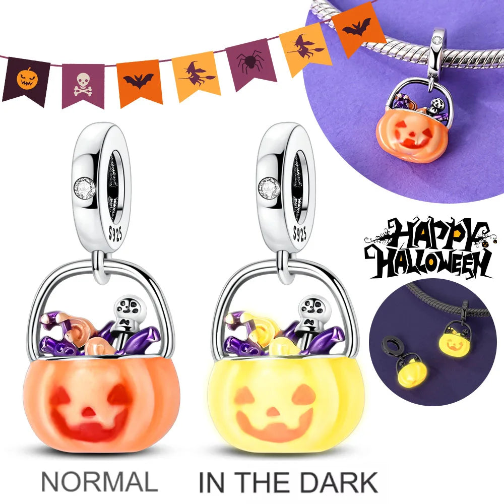 Halloween Charms 925 Sterling Silver Nightlight Pumpkin Skull Candy Witch bead for jewelry making Fit DIY Bracelet Pendant Women