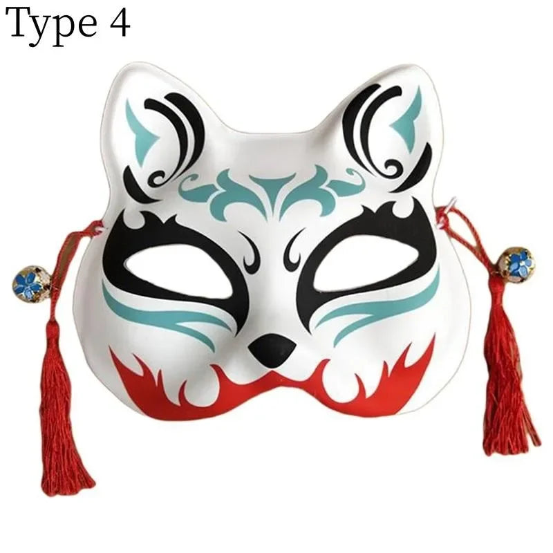 Party Show Fox Mask With Tassels And Bells Hand-painted Kitsune Half Face Halloween Cosplay Gift