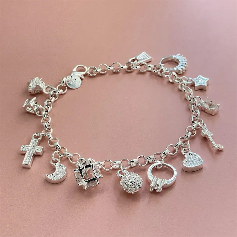 925 Sterling Silver 13 Pendant Bracelet, Ladies Couple Simple Luxury Banquet Wedding Birthday Jewelry Gift