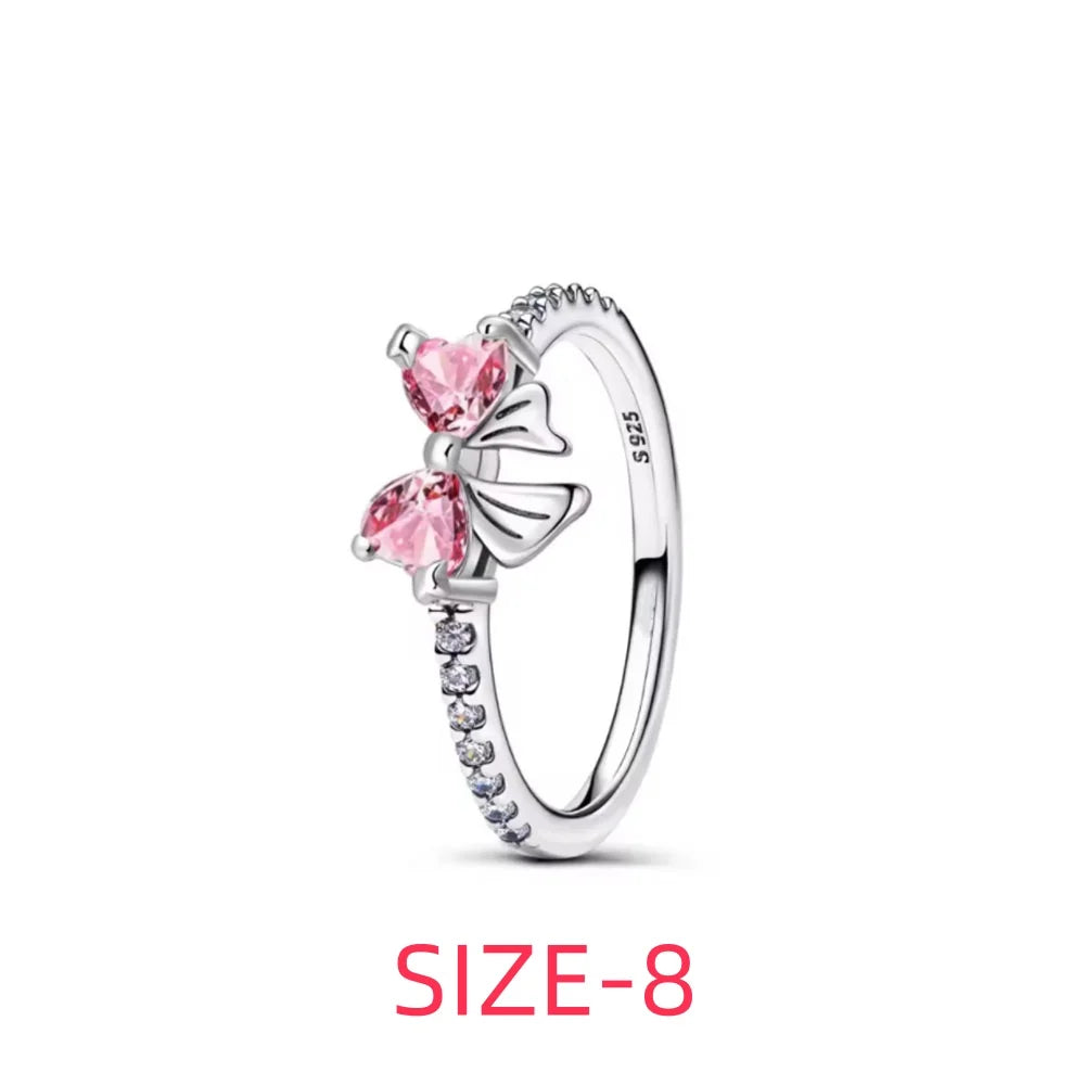 New 925 sterling silver pink bow necklace ring earrings crystal ladies Valentine's Day birthday gift DIY jewelry
