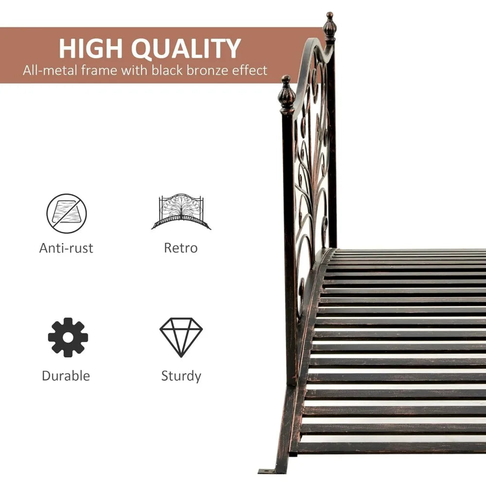 4FT Metal Garden Bridge with Side Rails, Outdoor Arch Footbridge with Scrollwork, 440 lbs Capacity, Easy Assembly for Yard, Lawn