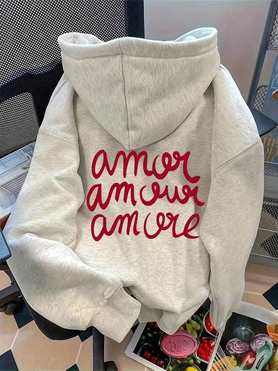 Love - Inspired Pure Cotton Hoodie Showcasing Handwritten - Style "amor" Letters - A Stylish Pick for Romantics