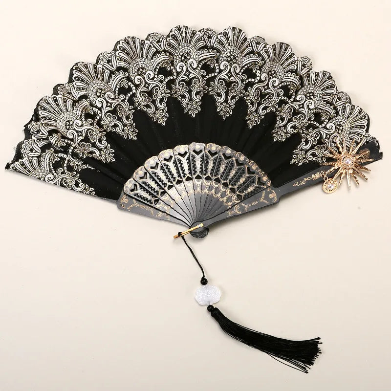 Female Lace Hand Fan Lolita Gothic Fan Victorian Vintage Black White Red Rose Bamboo Fans Cosplay Halloween Party Photo Prop