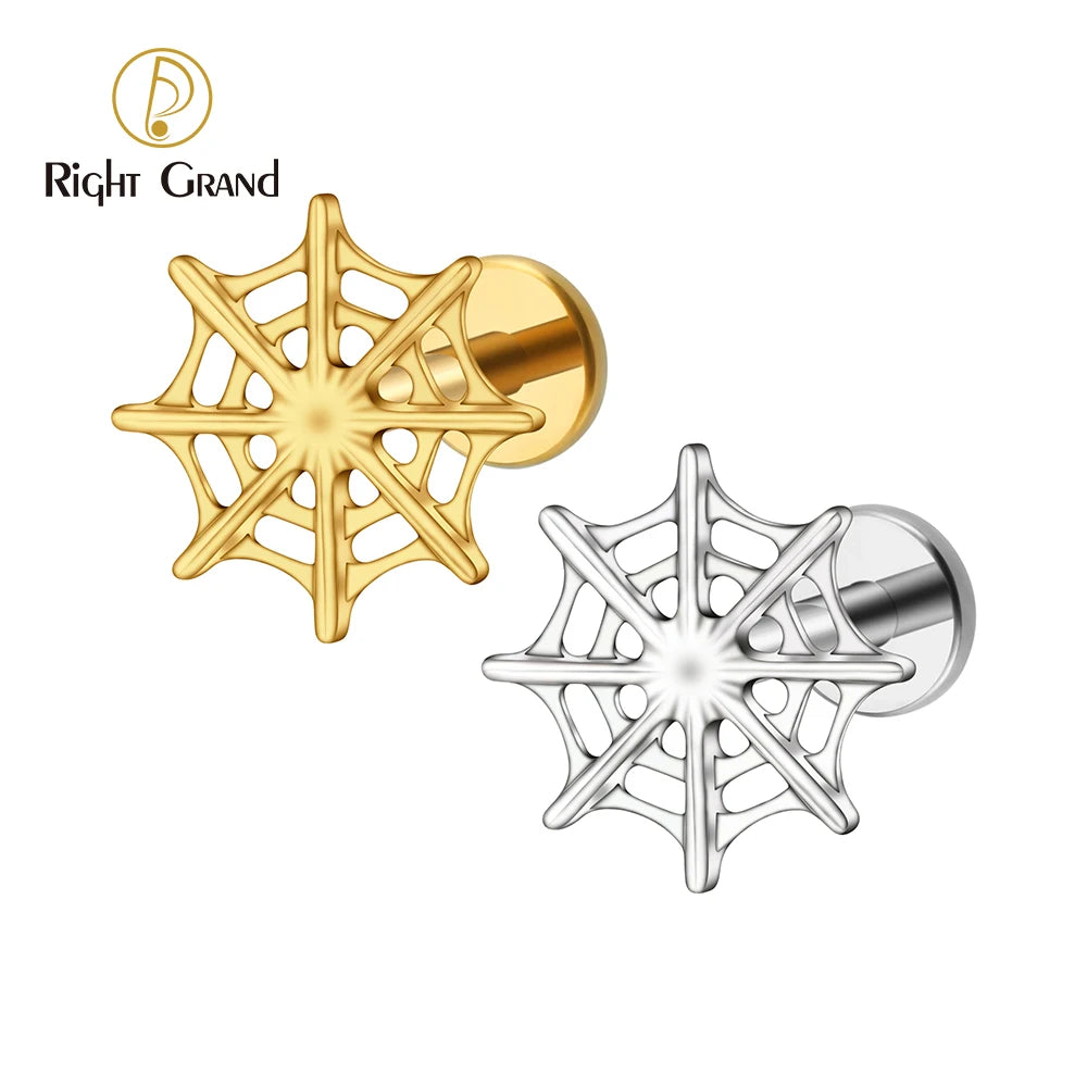 Right Grand ASTM F136 Titanium 16G Spider Web Stud Earring Cartilage Tragus Helix Conch Ear Lobe Flat Piercing Halloween Jewelry