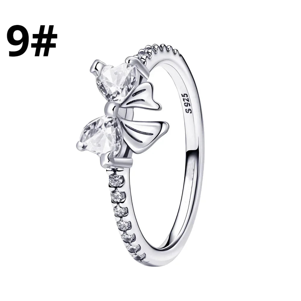 New 925 Silver Zircon Shining Ring Colorful Bow Tie Set Ring Earrings Bracelet Necklace Original For Women DIY Fine Jewelry Gift