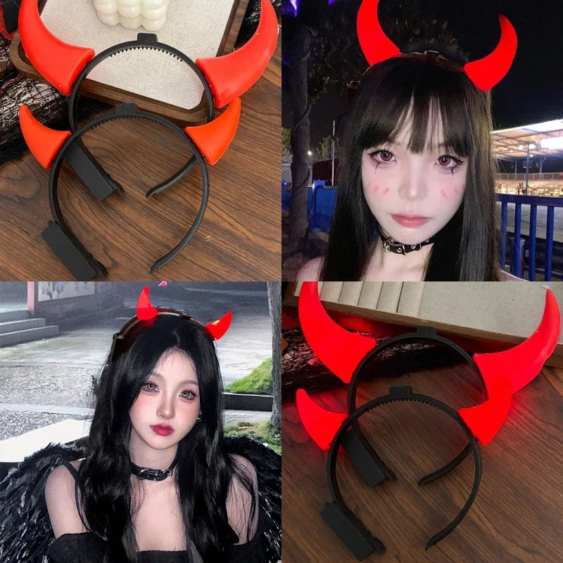 Classic Red Devil Horns Headband Red LED Light Hair Hoop Glow Bull Horns Headbands Halloween Costume Accessory for Party Cosplay