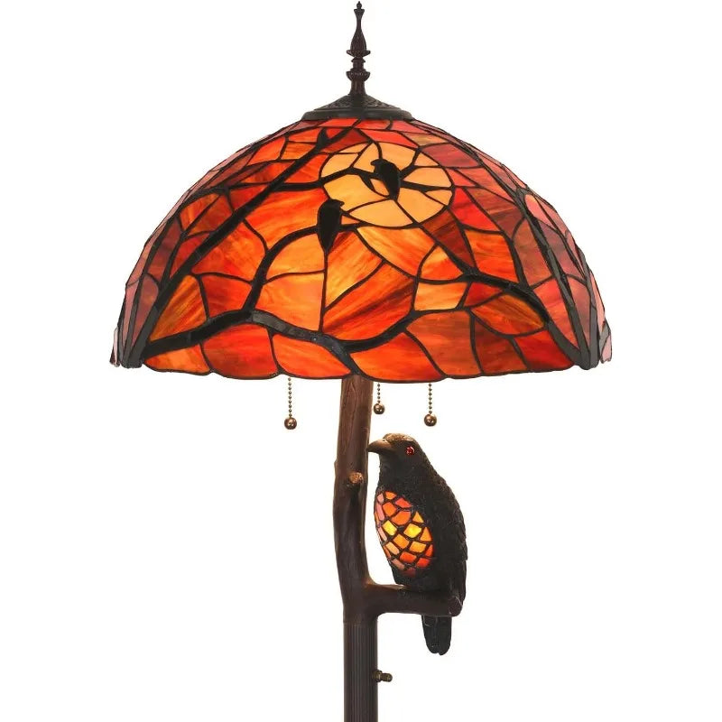 L10936 Ravens Sitting On Bare Tree Branch Against Full Moon Style Stained Glass Floor Lamp With Raven Night Light