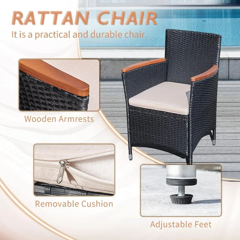 7 PCS Outdoor Patio Dining Set, Outdoor Patio Furniture Set, Rattan Chairs With Large Wood Table For Garden And Yard