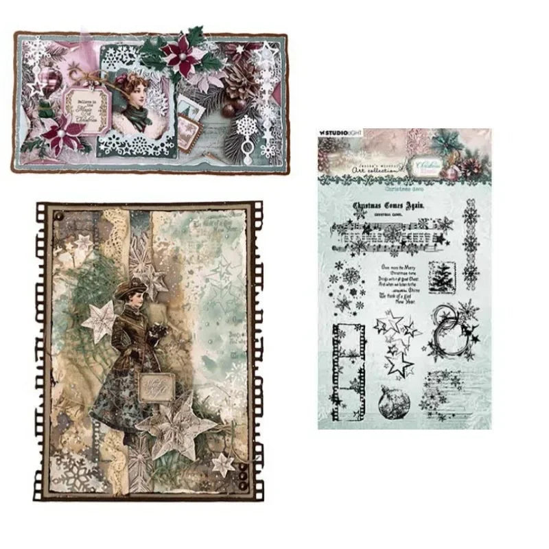 Christmas Blush Winter crackle Holiday Snowy Star frame Metal Cutting Die Silicone Stamp Scrapbook Stencil Photo Album DIY Paper