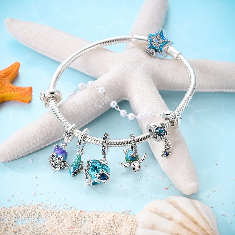 Underwater World 925 Sterling Silver Ocean Octopus Seashell Seahorse Starfish Pendant Fit DIY Bracelet Necklace Boutique Gift