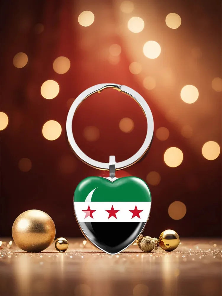SKY FLAG Syria Flag National Keychain Glass Cabochon Heart-Shape Pendant Keychain For Women Men Charm Fashion Jewelry Gift