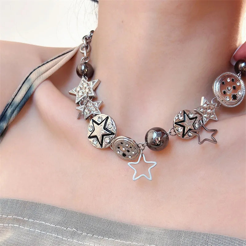 Punk Retro Button Star Pendant Necklace Trendy Delicate Silver Color Unisex Choker Personalised Luxury Jewelry for Women
