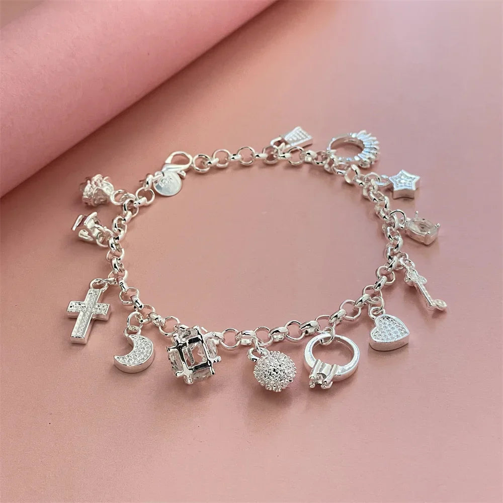 925 Sterling Silver 13 Pendant Bracelet, Ladies Couple Simple Luxury Banquet Wedding Birthday Jewelry Gift