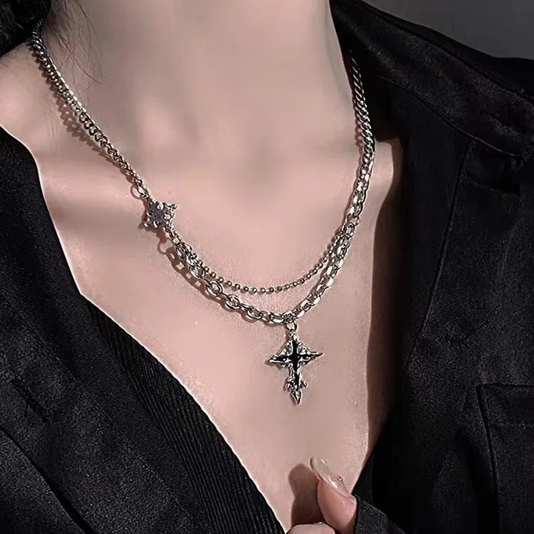 Black Rhinestone Cross Jesus Pendant Choker Necklace for Women Punk Vintage Double Layers Chain Boho Jewelry Fashion Party Gifts